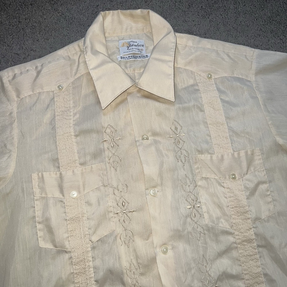 Vintage Cascade Guayabera Shirt Mens L Cream Embroidered 4 Pocket Mexican Cuban